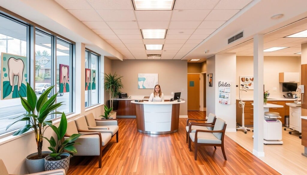 a local dental office with a warm, welcoming atmosphere. the exterior has a clean, modern design with large windows that allow natural light to fill the space. the lobby features comfortable seating, potted plants, and dental-themed artwork on the walls. in the center, the reception desk is staffed by a friendly, attentive receptionist. the examination rooms are equipped with the latest dental technology, and the hallways are lined with dental equipment and patient education materials. the overall mood is one of professionalism, expertise, and attention to patient comfort and care.
