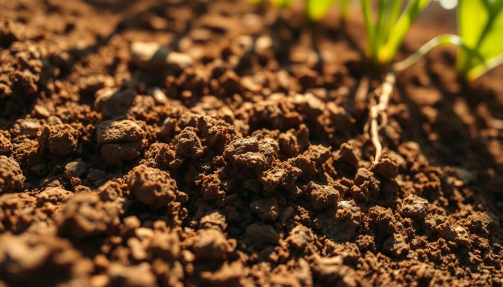 a macro view of rich, fertile soil in a garden, with visible soil layers, organic matter, and healthy root structures peeking through the surface. The soil has a deep, warm brown color and a crumbly, nutrient-dense texture. Sunlight filters through the scene, casting a golden glow and creating defined shadows that highlight the soil's complexity. The foreground is in sharp focus, revealing the intricate details of the soil, while the background is slightly blurred, creating a sense of depth and emphasizing the subject. The overall composition conveys the importance of soil quality and its vital role in supporting plant life and a thriving garden ecosystem.