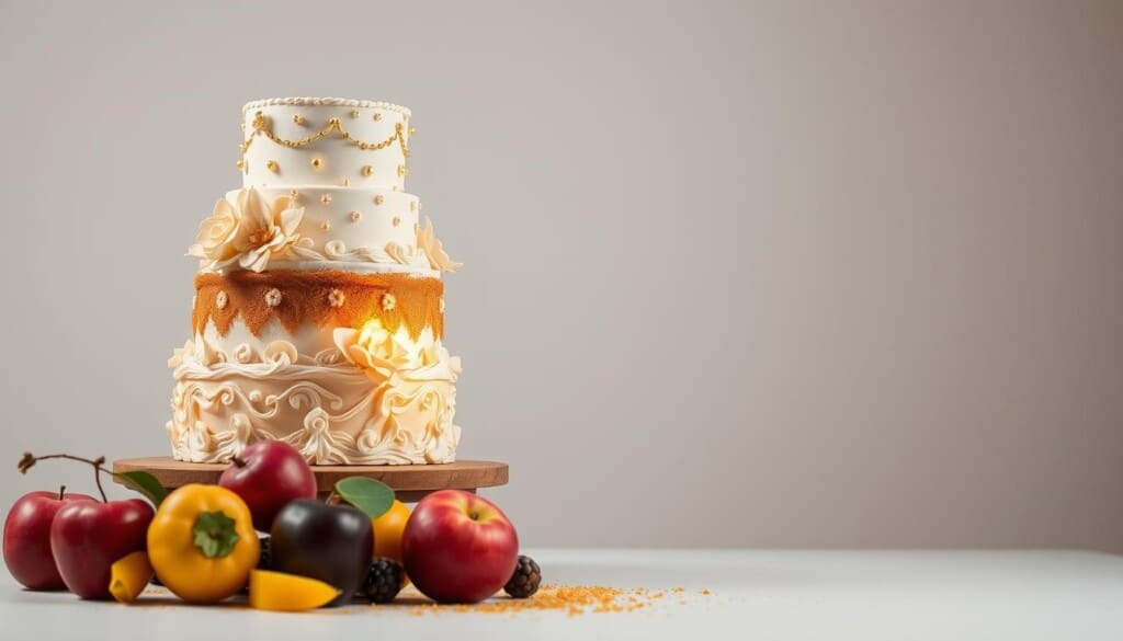 a masterfully baked and elaborately decorated custom cake, showcasing a variety of intricate designs and textures. The cake stands tall on a wooden pedestal, its layers adorned with delicate fondant flowers, graceful piping, and gleaming metallic accents. The lighting casts a warm, inviting glow, highlighting the cake's exquisite details. In the foreground, a selection of fresh seasonal fruits and a dusting of edible gold leaf add a touch of elegance. The background is a clean, minimalist setting, allowing the cake to be the undisputed centerpiece of attention. This image evokes a sense of celebration, creativity, and the art of cake making at its finest.
