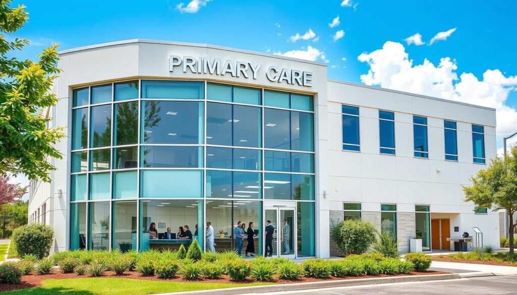 a modern, well-equipped primary care facility with a welcoming exterior, set in a lush, landscaped setting. The building features large windows, a prominent entryway, and clean, contemporary architecture. The interior is brightly lit, with an open, airy layout and state-of-the-art medical equipment. Patients are greeted by a warm, professional staff in the reception area. The facility offers a range of specialized services, including family medicine, pediatrics, and geriatrics, all delivered with the highest standards of care and patient comfort. The overall atmosphere conveys a sense of trust, expertise, and a commitment to holistic, personalized healthcare.