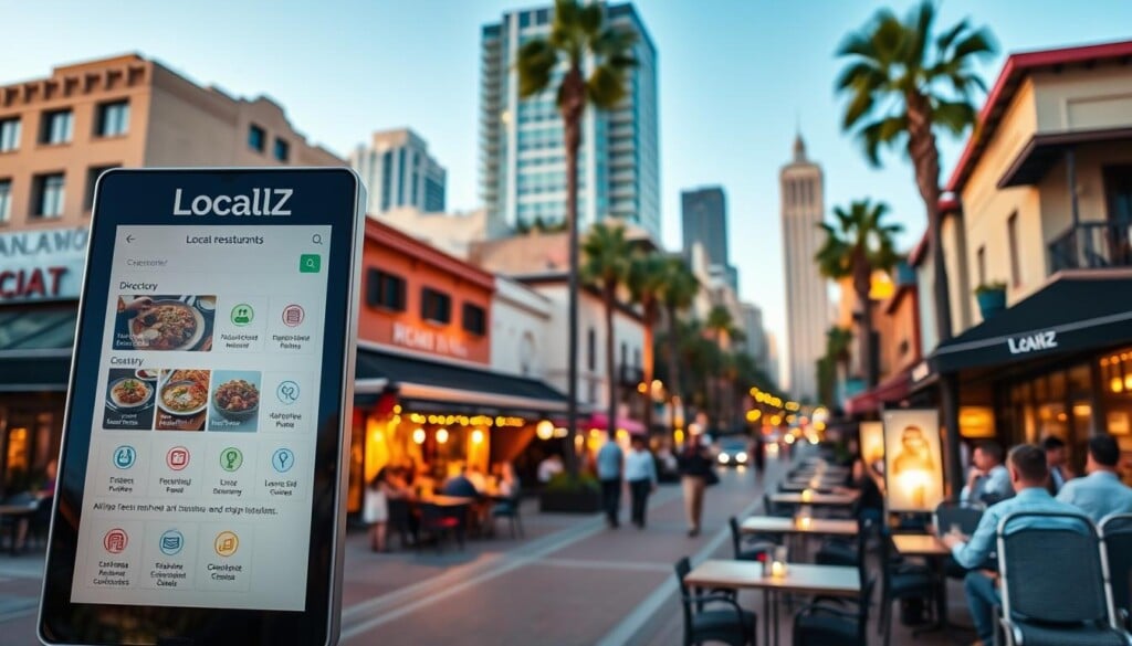 a photo of a vibrant, community-focused directory called "LocalZ" showcasing local restaurants and businesses. The foreground features a sleek, modern directory display with crisp text and icons highlighting various dining options. The middle ground showcases a bustling city street scene with people dining al fresco at cozy, intimate restaurants. The background depicts a warm, sunset-lit urban landscape with towering buildings, palm trees, and a clear, blue sky. The lighting is soft and inviting, creating a welcoming, neighborhood atmosphere. The overall scene conveys a sense of local pride, diverse dining experiences, and a vibrant community spirit.