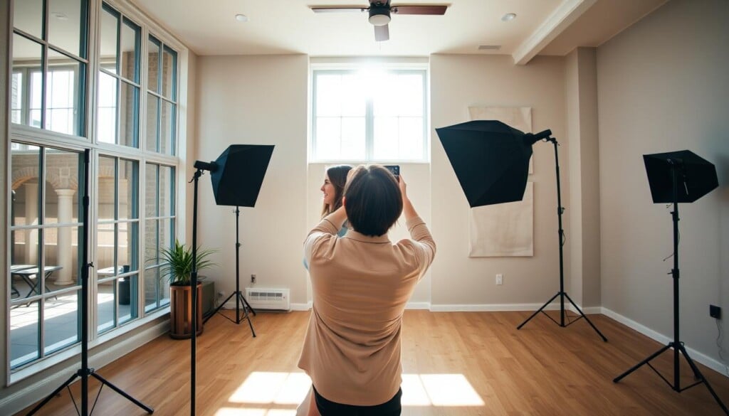 a photography studio with large windows, natural lighting streaming in, creating a warm, inviting atmosphere. A couple is captured in candid, relaxed poses, embracing each other as the photographer uses a wide-angle lens to frame the scene. The background is simple, with neutral-toned walls and minimal decor, allowing the subjects to be the focal point. The overall mood is one of intimacy, comfort, and affordability, showcasing an accessible, high-quality session photography service.
