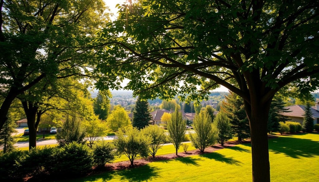 a picturesque landscape with a lush green tree canopy in the foreground, showcasing the professional services offered by a reputable tree care company. The middle ground features a well-manicured lawn with a variety of healthy trees, while the background depicts a scenic suburban neighborhood. The lighting is warm and natural, creating a serene and inviting atmosphere. The image is captured with a wide-angle lens to provide a comprehensive view of the scene, highlighting the attention to detail and expertise of the tree services company. The overall composition conveys a sense of tranquility and professionalism, reflecting the high-quality services offered to local residents.
