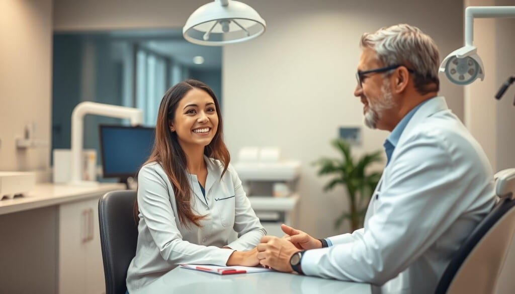 a professional local periodontist in a modern dental office, sitting at a desk and consulting with a patient, warm lighting, shallow depth of field, high-quality medical equipment and technology visible in the background, a sense of trust and expertise conveyed through the periodontist's demeanor and the clean, organized environment