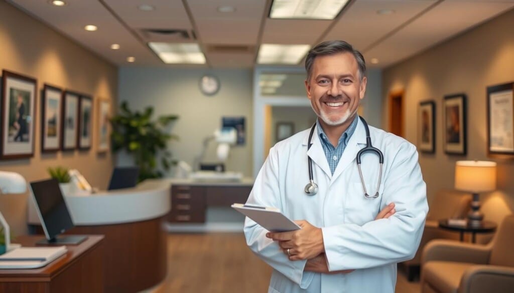 a professional medical office interior, with a reception desk, comfortable seating area, and examination rooms visible in the background. The foreground features a middle-aged male doctor in a white coat, standing with a clipboard and smiling warmly, ready to greet and assist patients. The lighting is warm and inviting, creating a calming atmosphere. The walls are adorned with tasteful artwork and diplomas, conveying the doctor's expertise and qualifications. The overall scene captures the essence of a trusted, approachable urologist's office, ready to provide personalized care and support.