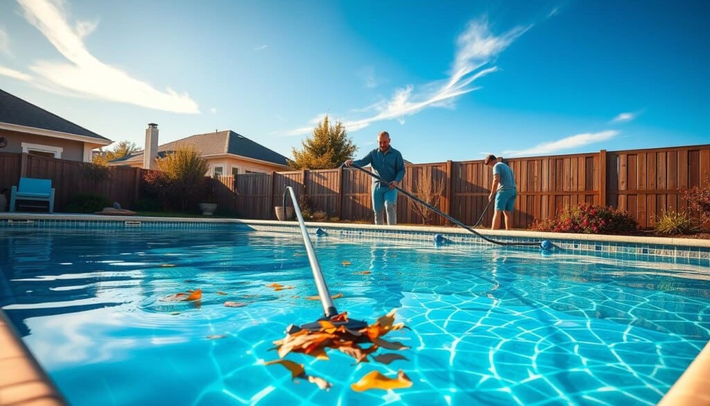a professional residential pool maintenance service provider, servicing an in-ground swimming pool in a suburban backyard. The foreground shows a worker skimming leaves and debris from the pool's surface using a long-handled net. The middle ground features a worker vacuuming the pool floor with a hose attachment, while in the background a third worker is inspecting the pool's filter equipment and mechanical systems. The scene is bathed in warm, golden afternoon sunlight, with a few wispy clouds in a bright blue sky overhead. The home's well-manicured landscaping and a wooden privacy fence frame the pool area, conveying a sense of tranquility and care. The overall mood is one of diligent, skilled pool maintenance ensuring the backyard oasis is pristine and ready for summer enjoyment.