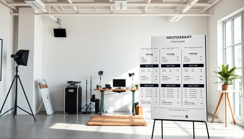 a professional studio interior with a clean, minimalist style, featuring a large photography pricing display board in the foreground. The board showcases various photography package options with clear pricing details, presented on a sleek, modern design. In the middle ground, a photographer's desk is visible, with a laptop, camera equipment, and other photography-related accessories. The background features large windows allowing in natural light, creating a bright and airy ambiance. The overall scene conveys a sense of professionalism, attention to detail, and a focus on providing transparent pricing information to potential clients.