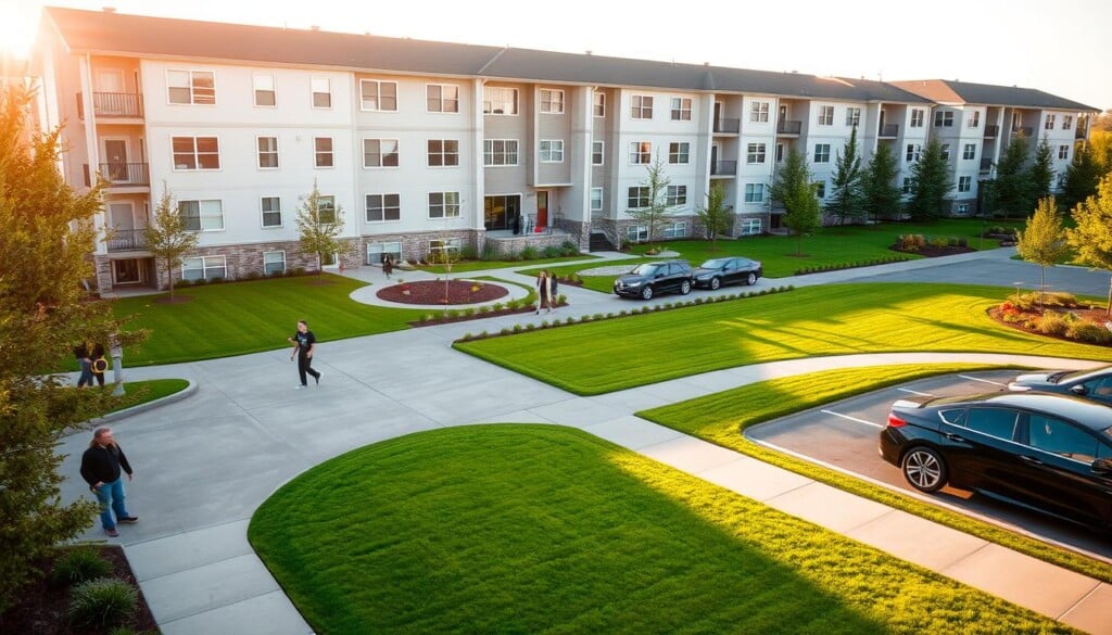 a residential apartment building with a well-maintained, well-manicured lawn and landscaping, with people walking around the property and cars parked in the driveway. the building has a modern, clean design with large windows and a neutral color palette. the lighting is warm and natural, with the sun casting long shadows across the scene. the camera angle is slightly elevated, giving a broad, panoramic view of the property. the mood is one of calm, tranquility, and a sense of professional, efficient property management.