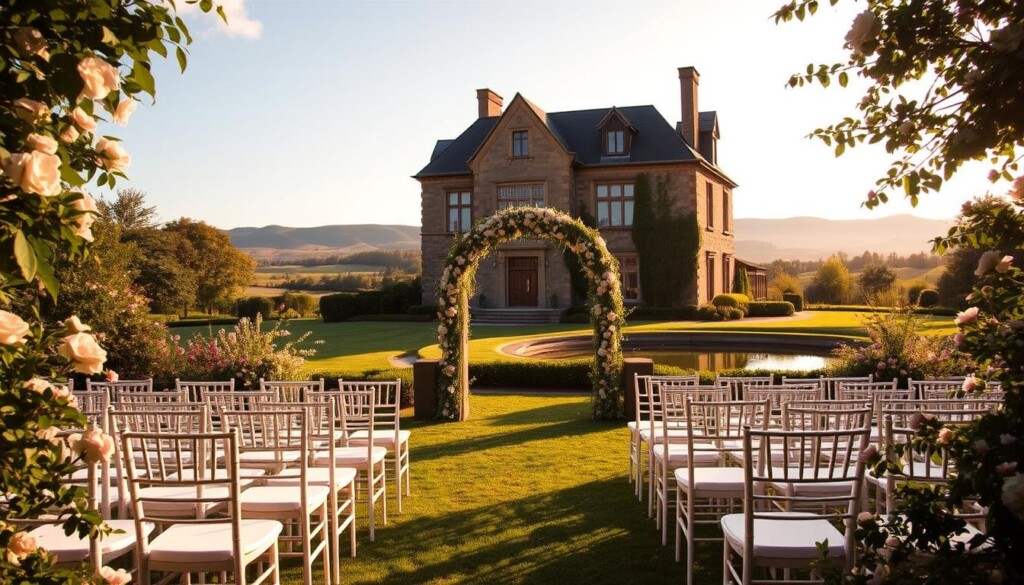 a serene and picturesque wedding venue, set amidst lush greenery and blooming flowers. In the foreground, a beautifully manicured garden with rows of elegant white chairs arranged in an aisle, leading up to a stunning arch adorned with cascading vines and delicate blooms. The middle ground features a magnificent stone manor, its elegant facade bathed in warm, golden sunlight, its windows glimmering like jewels. In the background, rolling hills and a tranquil, reflecting pond, creating a serene and idyllic setting. The mood is one of timeless elegance and natural beauty, the perfect backdrop for the joyous celebration of a loving couple's union.