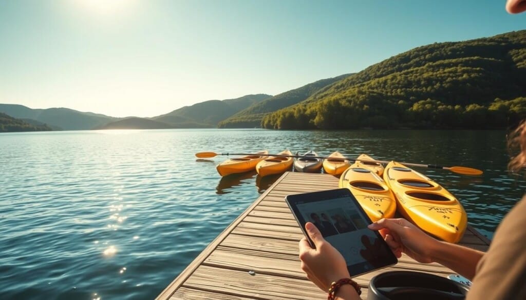 a serene kayaking dock on a tranquil lake, surrounded by lush green hills and a clear blue sky. In the foreground, a person is booking a kayak rental on a tablet, while in the middle ground, several kayaks are neatly lined up, ready for adventurous paddlers. The scene is illuminated by warm, golden sunlight, casting a peaceful atmosphere. The camera angle is slightly elevated, capturing the scene from a slightly elevated perspective, emphasizing the sense of calm and preparation for an enjoyable kayaking experience.