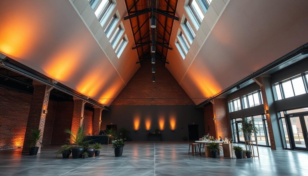 a striking, modern event space with an unconventional, asymmetrical architectural design featuring towering ceilings, dramatic floor-to-ceiling windows, and a minimalist, industrial-chic aesthetic. The space is bathed in warm, diffused lighting from overhead fixtures, casting a cozy, inviting ambiance. The floor is polished concrete, and the walls are a mix of exposed brick and sleek, gray paneling. Clusters of potted plants and artfully placed decor elements add pops of greenery and visual interest. The space has a flexible, open-concept layout that can be easily configured for a variety of unique events, from intimate gatherings to large-scale celebrations.