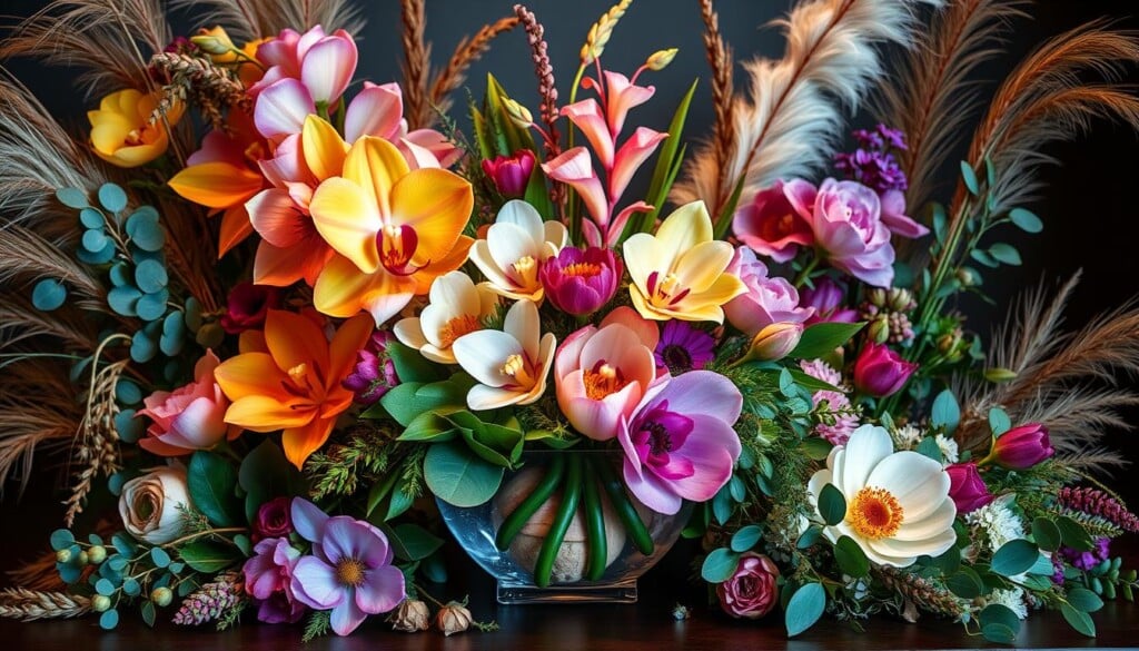 a vibrant and diverse array of unique floral arrangements, meticulously crafted with a blend of exotic blooms, lush foliage, and intricate textures. the centerpiece features a striking combination of rare orchids, vibrant proteas, and delicate anemones, artfully arranged in a modern glass vessel bathed in warm, directional lighting that accentuates the natural beauty of the flowers. the surrounding composition incorporates a variety of complementary elements, including cascading eucalyptus, wispy pampas grass, and elegant dried botanicals, creating a harmonious and visually captivating display. the overall mood is one of natural elegance and refined sophistication, perfectly suited to elevate any special occasion.