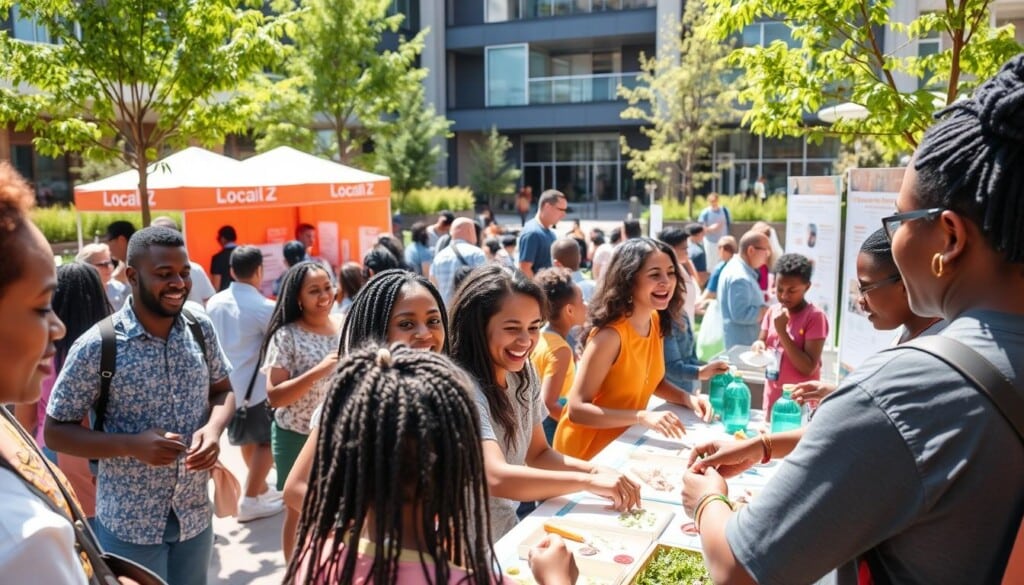 a vibrant community engagement event organized by LocalZ, a local non-profit focused on improving neighborhood livelihoods. The foreground depicts a diverse group of residents actively participating in various hands-on activities, their faces alight with enthusiasm. In the middle ground, informative booths and interactive displays showcase LocalZ's initiatives, while the background features a modern, well-maintained public space with lush greenery and a sun-dappled ambiance. The overall scene conveys a sense of unity, collaboration, and a shared commitment to enhancing the local community's well-being through LocalZ's tireless efforts.