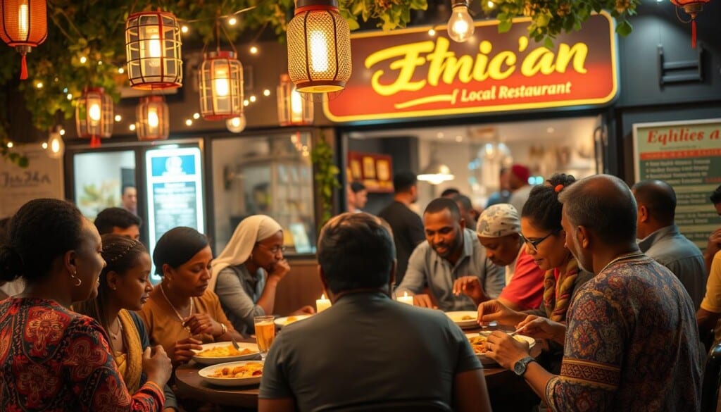 a vibrant community gathering, a diverse group of people enjoying a shared meal at a local Ethiopian restaurant, the warm glow of lanterns and fairy lights illuminating the scene, the rich colors and textures of the dishes and decor reflecting the cultural heritage, a sense of togetherness and celebration as patrons converse and savor the flavors, the restaurant's facade visible in the background, showcasing its commitment to supporting local businesses and traditions