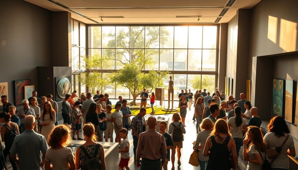 a vibrant community gathering at a modern art museum, with visitors of all ages engaged in interactive exhibits and educational programs, bathed in warm natural light filtering through large windows, overlooking a lush courtyard with trees and sculptures, conveying a sense of openness, learning, and cultural enrichment