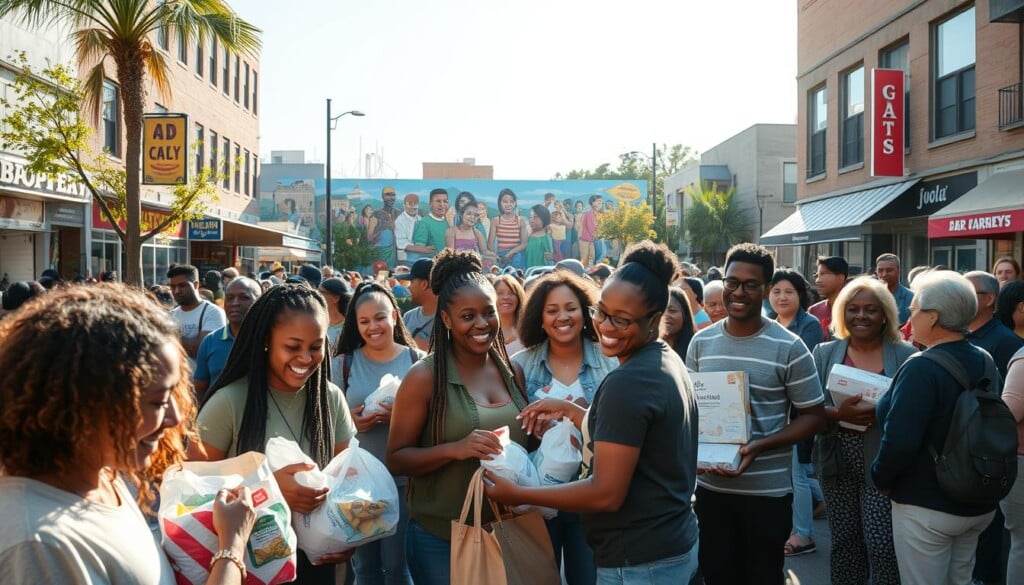 a vibrant community gathering in a sun-dappled city square, with people of diverse ages and backgrounds coming together to lend support and share resources. in the foreground, a group of volunteers distribute supplies and offer aid to those in need, their expressions warm and welcoming. the middle ground features a vibrant mural depicting scenes of community empowerment and resilience, while the background showcases the local businesses and landmarks that serve as the heartbeat of the neighborhood. the lighting is soft and natural, casting a glow over the entire scene and evoking a sense of unity and togetherness. the overall mood is one of hope, compassion, and a deep commitment to the well-being of the community.