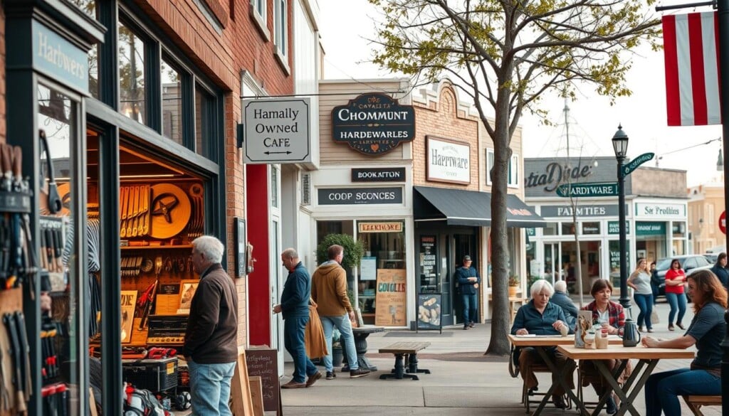 a warm and inviting small-town main street, with a row of locally-owned shops and businesses along a quaint sidewalk. in the foreground, people are browsing at a hardware store, examining an assortment of tools and supplies on display in the window. in the middle ground, a family-owned cafe has customers enjoying coffee and pastries at outdoor tables. in the background, other independent storefronts line the street, including a bookshop, a florist, and a hardware store. the scene is bathed in soft, natural lighting, creating a cozy and charming atmosphere that celebrates the beauty and character of supporting local enterprises.