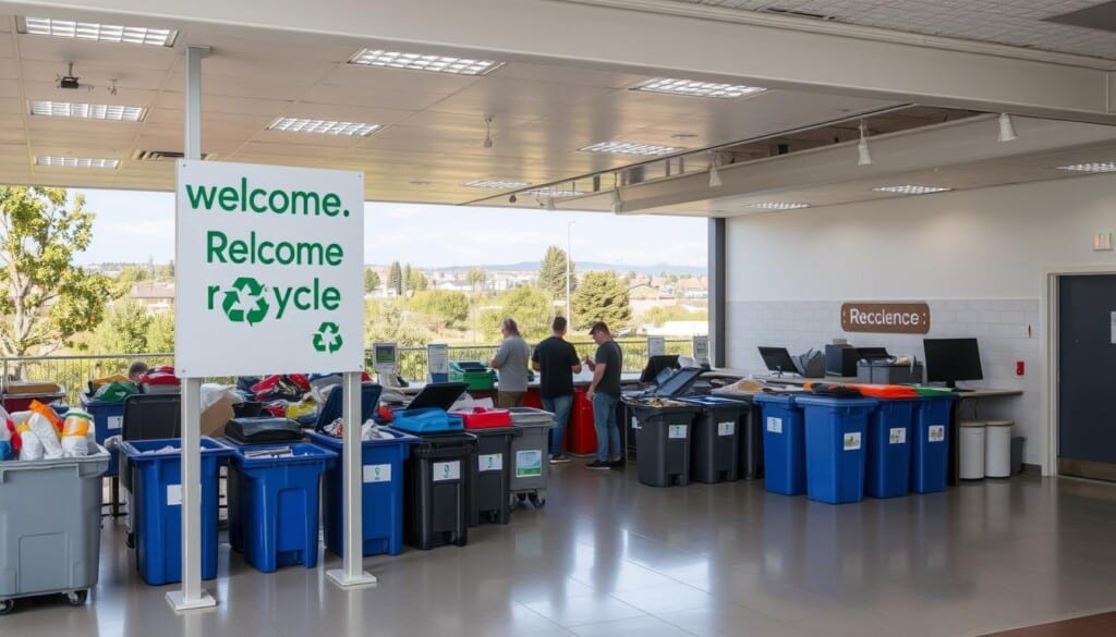 a welcoming and modern recycling center, with a large sign in the foreground indicating its location, surrounded by neatly organized bins and containers for various recyclable materials. The center is situated in a clean, well-lit environment, with a mix of natural and artificial lighting illuminating the scene. In the middle ground, people are actively sorting and depositing their recyclables, demonstrating the center's active role in the community. The background features a serene, suburban landscape, with trees and buildings in the distance, conveying a sense of environmental harmony. The overall atmosphere is one of efficiency, sustainability, and civic engagement.