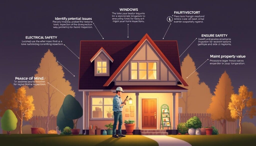 a well-lit and detailed illustration of the benefits of home inspections, depicting a family home in the foreground with a professional home inspector examining various aspects of the property such as the roof, windows, electrical systems, and plumbing, surrounded by a background showcasing the key advantages of regular home inspections, including identifying potential issues, ensuring safety, maintaining property value, and providing peace of mind for homeowners, all rendered in a warm, inviting color palette and realistic visual style
