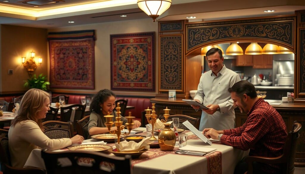 a well-lit, cozy restaurant interior with a warm, inviting atmosphere. In the foreground, a family of four seated at a table, perusing menus and conversing. The table is adorned with Persian-inspired accents, such as ornate plates and brass candlesticks. In the middle ground, a friendly server approaches the table, holding a tablet and smiling. The background features traditional Persian decor, including vibrant textiles, intricate wall hangings, and a partially open kitchen where chefs can be seen preparing fragrant dishes. The lighting is soft and ambient, creating a sense of intimacy and relaxation. The overall scene evokes the experience of making a reservation and anticipating a delightful Persian dining experience.