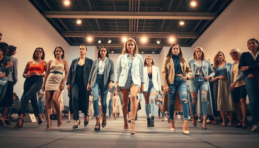 a well-lit fashion runway showcasing the latest clothing trends, with models wearing a diverse range of stylish outfits - sleek dresses, structured blazers, distressed denim, and bold accessories. the scene is captured from a low angle, emphasizing the grandeur and sophistication of the fashion showcase. the background is a modern, minimalist setting with clean lines and a muted color palette, allowing the clothes to take center stage. the lighting is warm and flattering, creating a sense of energy and excitement. the overall atmosphere conveys the vibrancy and dynamism of current fashion trends.