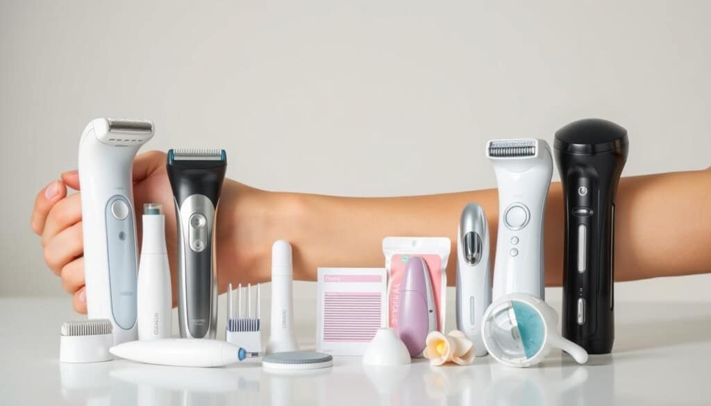 a well-lit, high-resolution image depicting various safe and effective hair removal methods against a clean, minimalistic background. The foreground shows a variety of non-invasive hair removal tools and devices, such as electric razors, epilators, waxing strips, and electric hair removers, arranged in an aesthetically pleasing manner. The middle ground features a smooth, hairless human arm or leg, highlighting the results of these hair removal techniques. The background is a simple, neutral-colored surface that allows the hair removal products to stand out prominently. The overall mood is clinical, informative, and focused on showcasing the diverse options for safe, painless hair removal.