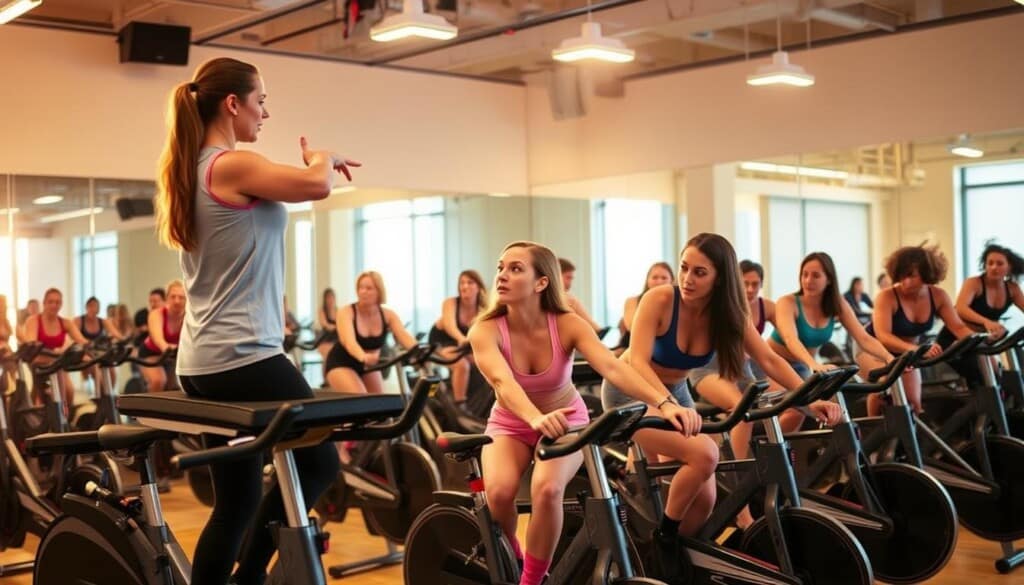 a well-lit indoor cycling studio with traditional spin bikes arranged in rows, the room bathed in a warm, energetic glow from overhead lighting fixtures; the bikes are modern, sleek, and metallic, with adjustable seats and handlebars; in the foreground, a female instructor stands atop a raised platform, leading a class of diverse participants through a high-intensity workout, their faces flushed with determination; the background features mirrored walls, creating a sense of depth and amplifying the energy of the session; the overall atmosphere is one of focus, camaraderie, and a shared passion for fitness.