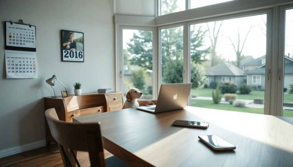 a well-lit interior scene of a modern home office, with a wooden desk and chair in the foreground, a laptop and smartphone on the desk, and a calendar on the wall displaying the date. In the middle ground, a person is seated at the desk, using the laptop to book dog walking services on a website or mobile app. The background features large windows overlooking a suburban neighborhood, with trees and homes visible outside. The lighting is natural, with soft shadows and highlights, creating a calm and focused atmosphere. The overall scene conveys the process of booking a trusted local dog walker using digital tools.