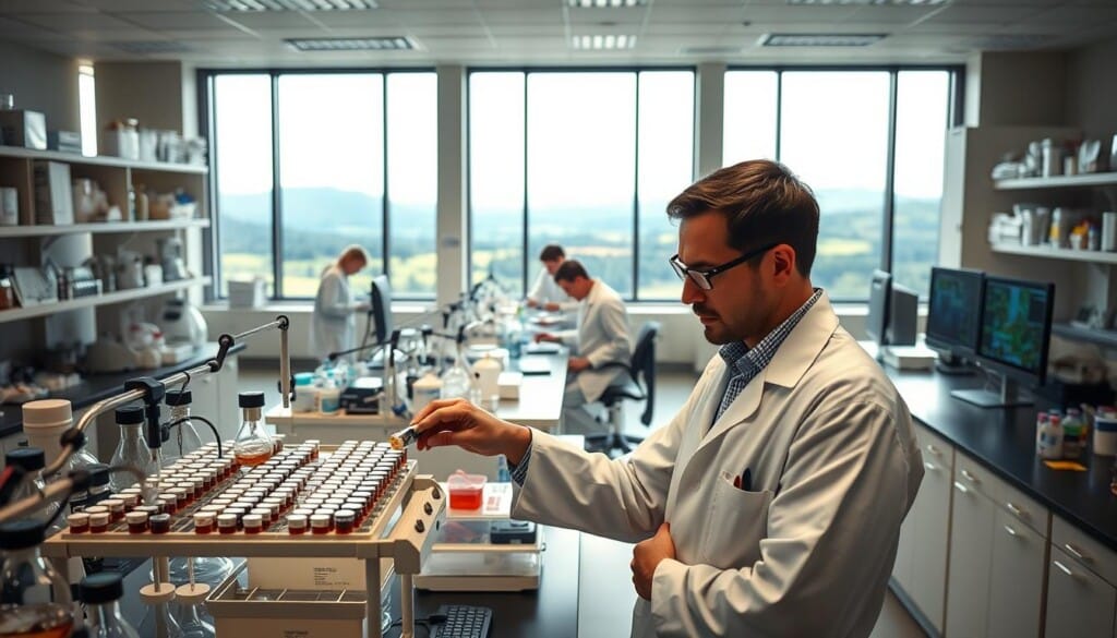 a well-lit laboratory interior with rows of lab benches, chemical equipment, and scientific instruments. In the foreground, a scientist in a white lab coat is carefully selecting a vial from a rack, their face focused and pensive. In the middle ground, other scientists are engaged in various experiments, pipetting liquids, analyzing data on computer screens. The background features large windows overlooking a picturesque landscape, providing a serene and inspiring atmosphere for the research work. The lighting is soft and diffuse, accentuating the precision and care taken in the lab. The overall scene conveys a sense of thoughtful decision-making, systematic investigation, and a commitment to advancing scientific knowledge.