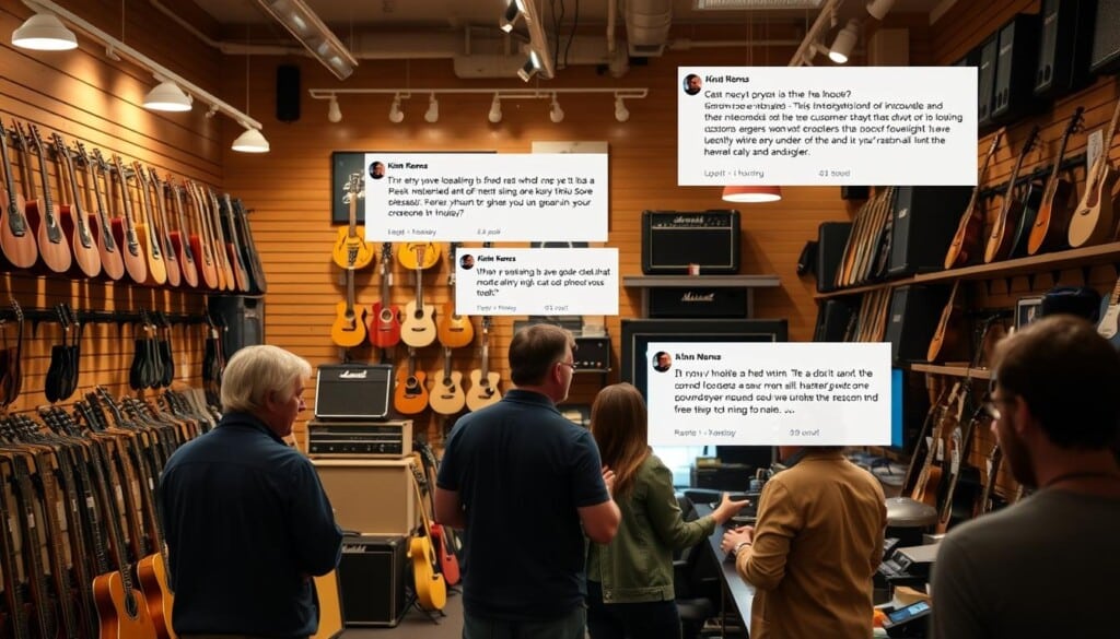 a well-lit music shop interior, featuring rows of guitars, amplifiers, and other musical instruments displayed neatly on wooden shelves. A warm, inviting atmosphere with soft lighting and a cozy ambiance. In the foreground, a group of customers gathered around a service counter, discussing their recent purchases and experiences with the store's knowledgeable staff. Various customer reviews are visible on a bulletin board or digital display, showcasing the shop's reputation for excellent customer service and high-quality products. The overall scene conveys the importance of customer feedback and the role it plays in attracting new customers to this renowned music establishment.