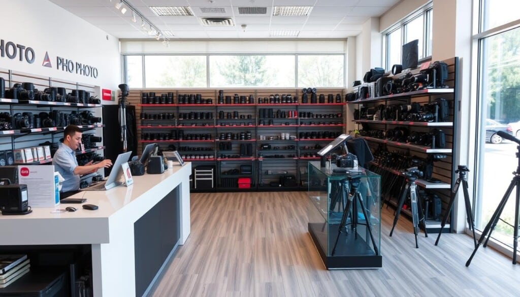 a well-lit, neatly organized photography store interior with a variety of camera equipment, accessories, and display shelves. the foreground features a clean, modern cashier counter with a friendly employee assisting a customer. the middle ground showcases a diverse selection of DSLR and mirrorless cameras, lenses, and tripods arranged on shelves and display cases. the background features large windows allowing natural light to flood the space, creating a bright and inviting atmosphere. the overall scene conveys a sense of professionalism, expertise, and a customer-centric experience, reflecting the high-quality photography gear and services available.