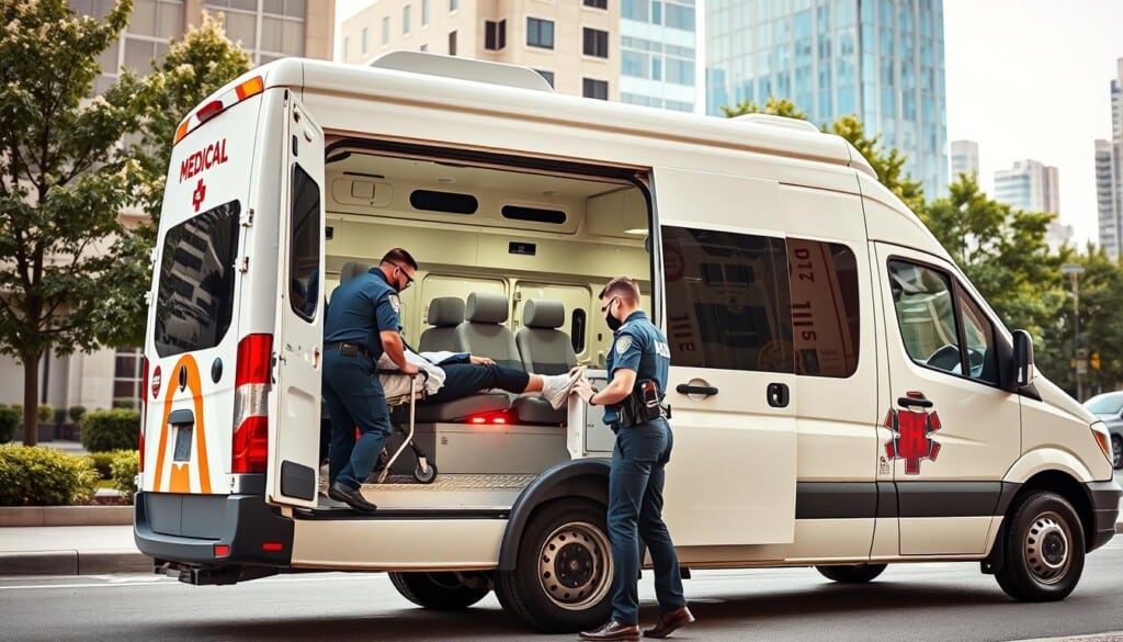 a well-lit scene of a modern, specialized medical transport van parked on a city street, its bright white exterior and side emblem conveying a sense of professionalism and reliability. In the foreground, a patient is being carefully assisted into the vehicle by two attentive paramedics, their uniforms and equipment indicating the high level of medical care provided. The middle ground shows the van's interior, with padded seats, secured medical equipment, and a calm, sterile atmosphere. In the background, a cityscape of tall buildings and trees suggests an urban setting committed to public health and safety. The overall mood is one of reassurance, efficiency, and the prioritization of patient comfort and wellbeing during medical transportation.