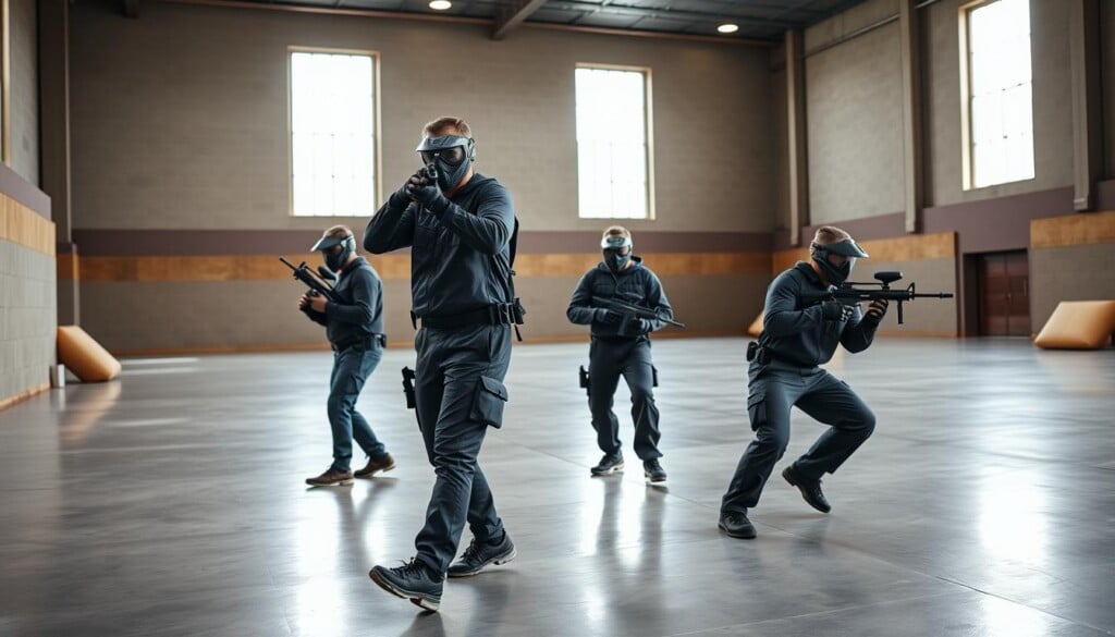a wide, well-lit indoor paintball arena with padded walls and a polished concrete floor, three players in full paintball gear - mask, coveralls, and marker guns - standing in the middle of the arena, one player raising their marker in a ready position, the other two crouched and moving cautiously, natural lighting filtering in through tall windows, the scene capturing the anticipation and excitement of a paintball match, with a sense of motion and energy