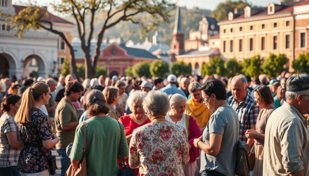 community engagement of people gathering in a public space, such as a town square or park, with a sense of togetherness and collaboration. The foreground shows a diverse group of individuals, including families, elderly, and young people, interacting and participating in various activities like discussions, workshops, or community projects. The middle ground depicts vibrant colors, textures, and architectural elements that create a welcoming and inclusive atmosphere. The background features landmarks or buildings that represent the local community, bathed in warm, natural lighting that conveys a sense of connectedness and shared purpose. The overall mood is one of positivity, cooperation, and a strong sense of community.