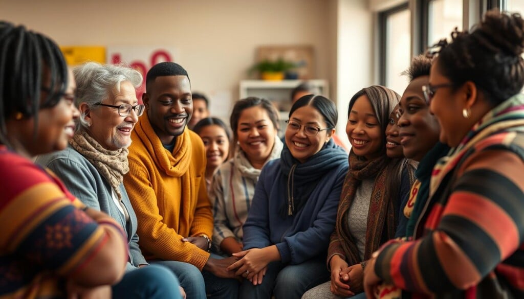 community organizations supporting immigrant support, diverse group of people from different cultural backgrounds volunteering and providing aid, services and resources to newly arrived immigrants, community center with immigrants of all ages and nationalities receiving legal counsel, English language classes, childcare, and other integration assistance, warm lighting illuminates the welcoming and supportive atmosphere, mid-shot composition captures the collaborative spirit and compassion, soft focus on the background highlights the focus on the people and their interactions