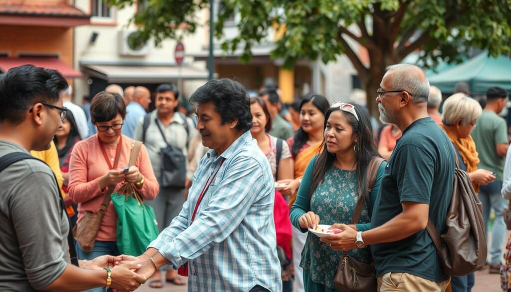community people of diverse backgrounds and ages gathering in a public space, such as a town square or a neighborhood park, engaged in various activities that promote social interaction and mutual support, with a warm and welcoming atmosphere created by natural lighting and a vibrant color palette, conveying a sense of togetherness, inclusivity, and a shared commitment to the well-being of the local community