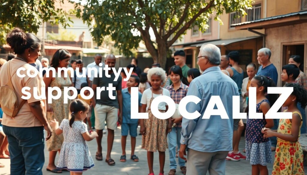 community support through LocalZ, warm and inclusive neighborhood scene with diverse group of people gathered in a vibrant public space, children playing, adults conversing, elders observing, all connected by a sense of togetherness and shared purpose, sun-dappled lighting, wide-angle lens capturing the vibrant energy, soft muted tones complementing the heartwarming atmosphere, creating a visual representation of how LocalZ empowers local communities.