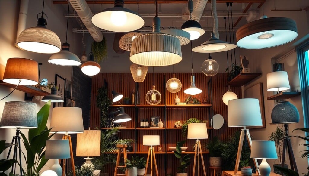 detailed, vibrant interior scene of a modern home with various lighting solutions on display, well-lit and inviting, with a focus on different types of lamps, ceiling fixtures, and lighting accents arranged in an appealing and cohesive manner, highlighting their design and functionality, set against a minimalist yet warm background with natural elements like plants and wood tones, creating an atmosphere of comfortable, stylish home lighting