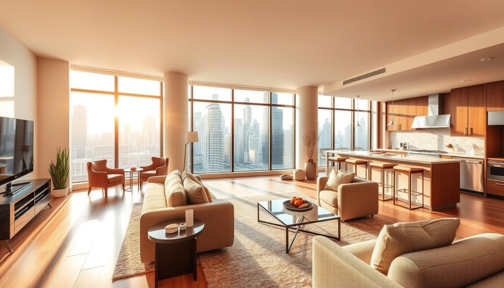 furnished luxury apartments in a modern city, showcasing the advantages of living in a fully-equipped home with stylish decor, high-end appliances, and convenient amenities. a wide and spacious living room with large windows overlooking a vibrant urban skyline, bathed in warm, diffused sunlight. the room is elegantly furnished with a plush sofa, armchairs, and a coffee table, creating a comfortable and sophisticated ambiance. the kitchen is visible in the background, featuring sleek cabinetry, stainless steel appliances, and an island with bar stools, enabling efficient meal preparation and casual dining. the scene exudes a sense of contemporary, upscale living, highlighting the benefits of a fully-furnished, move-in ready apartment.