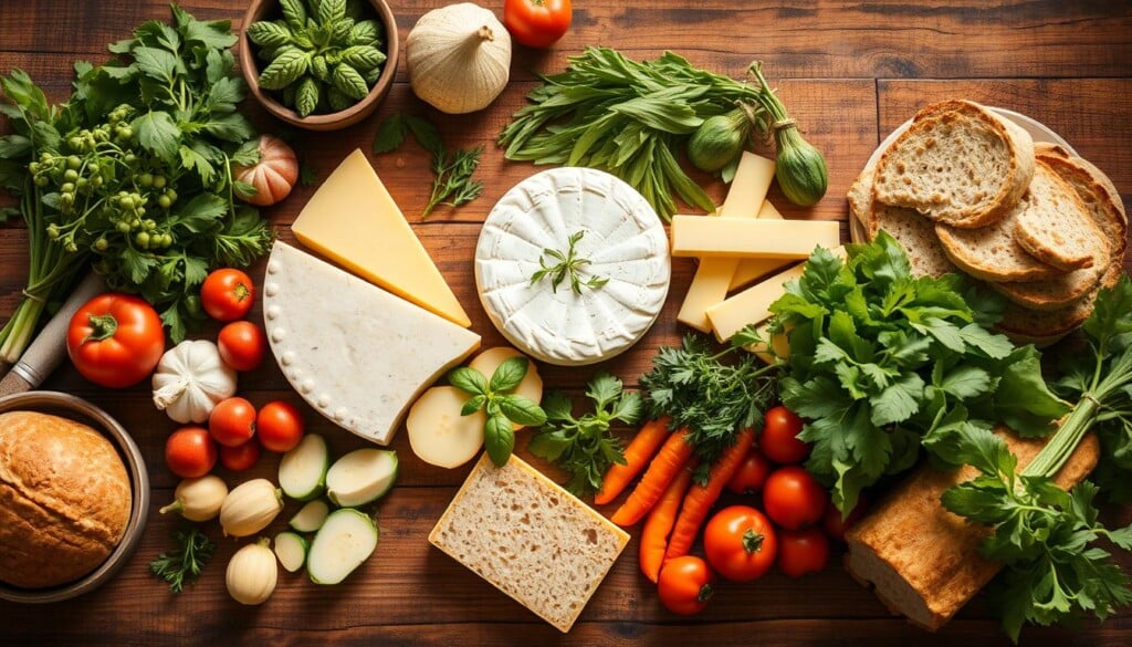 high-angle shot of an assortment of fresh, locally sourced ingredients on a rustic wooden table, including seasonal vegetables, freshly picked herbs, artisanal cheeses, and locally baked bread, all bathed in warm, golden natural lighting, conveying a sense of homemade, organic authenticity and the importance of embracing local, sustainable food sources