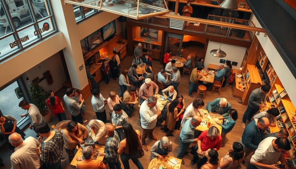 high-angle view of a busy community center, people of diverse ages and backgrounds engaged in various social activities, energetic conversation, group discussions, craft workshops, and collaborative projects, warm lighting creating a welcoming ambiance, a sense of community, belonging, and shared experiences, dynamic atmosphere with a blend of modern and traditional architectural elements, focus on the interactions and connections between the participants