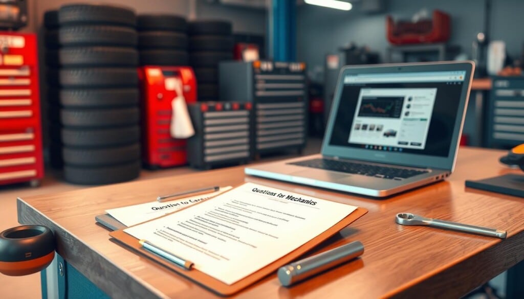 high quality 3D render of a mechanic's workshop, focused on a desk with various tools and equipment, including a clipboard with a list of "questions for mechanics", a wrench, a socket set, and an open laptop displaying a customer's vehicle information. The background is blurred, with stacks of tires, tool cabinets, and other workshop elements visible in the distance, conveying a sense of a busy, professional auto repair environment. The lighting is warm and natural, with soft shadows and highlights to emphasize the focus on the desk and the "questions for mechanics" document. The overall mood is one of a thoughtful, analytical approach to vehicle repair, with the "questions for mechanics" serving as a symbol of the customer's desire to make an informed decision about their auto service needs.