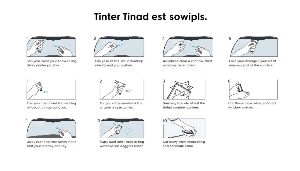 high quality, detailed, hyper-realistic digital illustration of a set of cleaning and care instructions for tinted automotive windows, against a plain light-colored background, centered composition, showing step-by-step procedures in a clear and organized layout, with icons or simple graphics to illustrate each step, using a minimalist and elegant visual style, with a focus on conveying the information in a straightforward and easy-to-understand manner