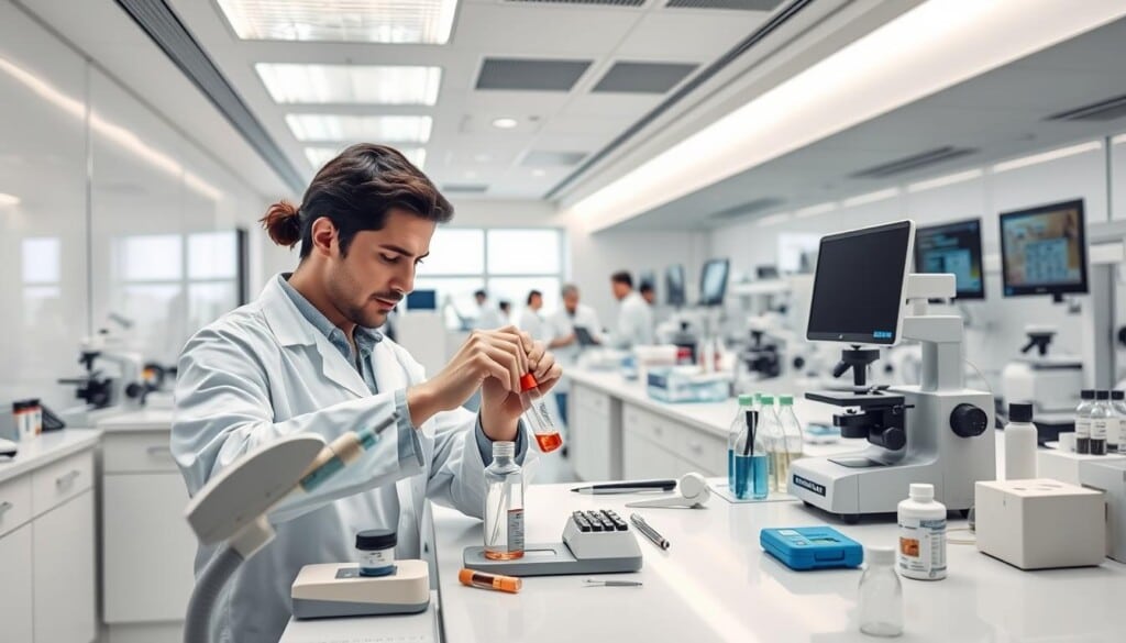high-quality, detailed, photorealistic image of a modern, well-equipped medical laboratory, with various scientific instruments and equipment meticulously arranged on clean, white countertops. Bright, soft lighting illuminates the scene, casting gentle shadows and highlighting the intricate details of the lab tools. In the foreground, a researcher in a white lab coat is carefully pipetting a sample into a glass vial, their face in a focused expression. In the middle ground, other researchers are conducting various tests and analyses, surrounded by microscopes, centrifuges, and other specialized equipment. The background features a sleek, minimalist laboratory design, with smooth, seamless walls and high-tech monitoring systems. The overall atmosphere conveys a sense of professionalism, precision, and the advancement of medical science.