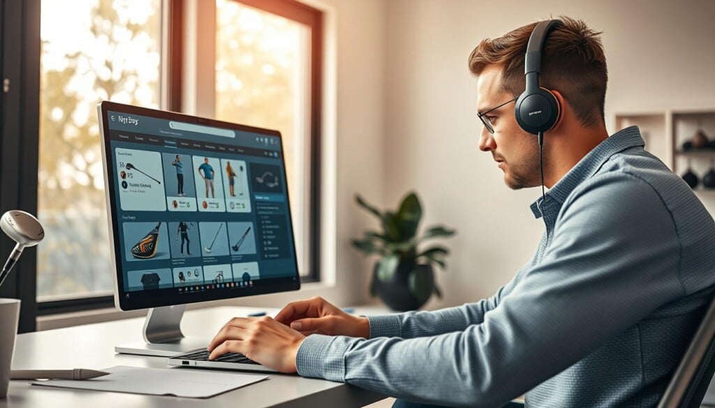 high quality, hyper-realistic, detailed image of a person browsing and purchasing golf equipment online, with a modern and sleek user interface displayed on a laptop or desktop computer screen, set against a minimalist, well-lit home office environment with clean lines, neutral tones, and natural lighting filtering through large windows, conveying a sense of convenience, efficiency, and the growing popularity of online golf gear shopping