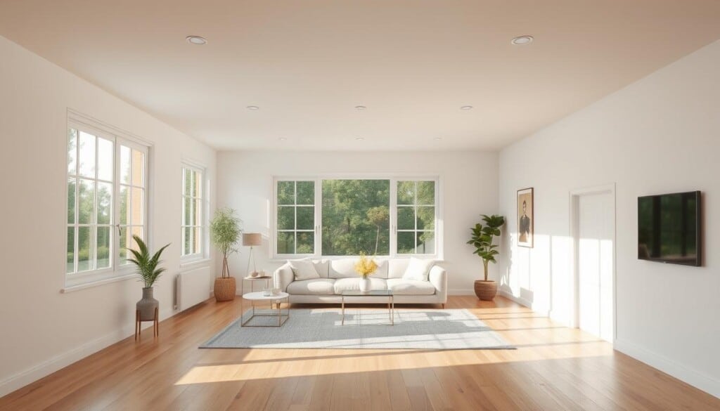 interior painting of a modern living room with natural lighting, wide-angle lens, high-resolution, 8K, photorealistic, airy and bright atmosphere, minimal decor, large windows overlooking a garden, wooden floors, white walls, soft natural light coming from the windows, clean and minimalistic design, warm and cozy feel, subtle textures and details, crisp and sharp focus, serene and tranquil ambiance, high-quality rendering, expert-level craftsmanship