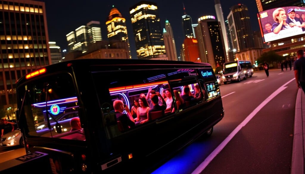 party bus rental in a bustling city, sleek black limousine-style bus with neon lights illuminating the interior, passengers visible through the tinted windows enjoying the ride, nighttime cityscape in the background with skyscrapers and bright lights, warm and vibrant atmosphere evoking a sense of excitement and celebration, crisp high-resolution photo with a wide-angle lens capturing the full scene