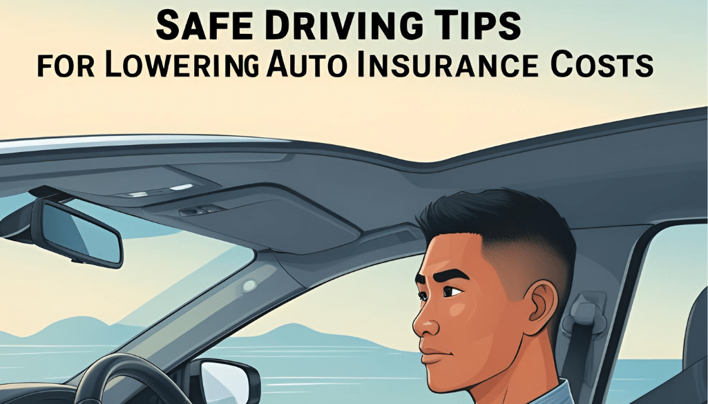 A well-lit, detailed illustration depicting Safe Driving Tips for Lowering Auto Insurance Costs. In the foreground, a thoughtful driver behind the wheel of a modern sedan, hands firmly on the steering wheel, conveying a sense of focus and responsibility. In the middle ground, a series of easy-to-understand icons highlighting key tips such as maintaining a clean driving record, taking defensive driving courses, and leveraging discounts for safe vehicles and good driving habits. The background features a panoramic cityscape, suggesting the broader context of daily commutes and the importance of safety on the roads. The overall mood is one of practicality, education, and empowerment, guiding the viewer towards more affordable auto insurance through conscientious driving practices.