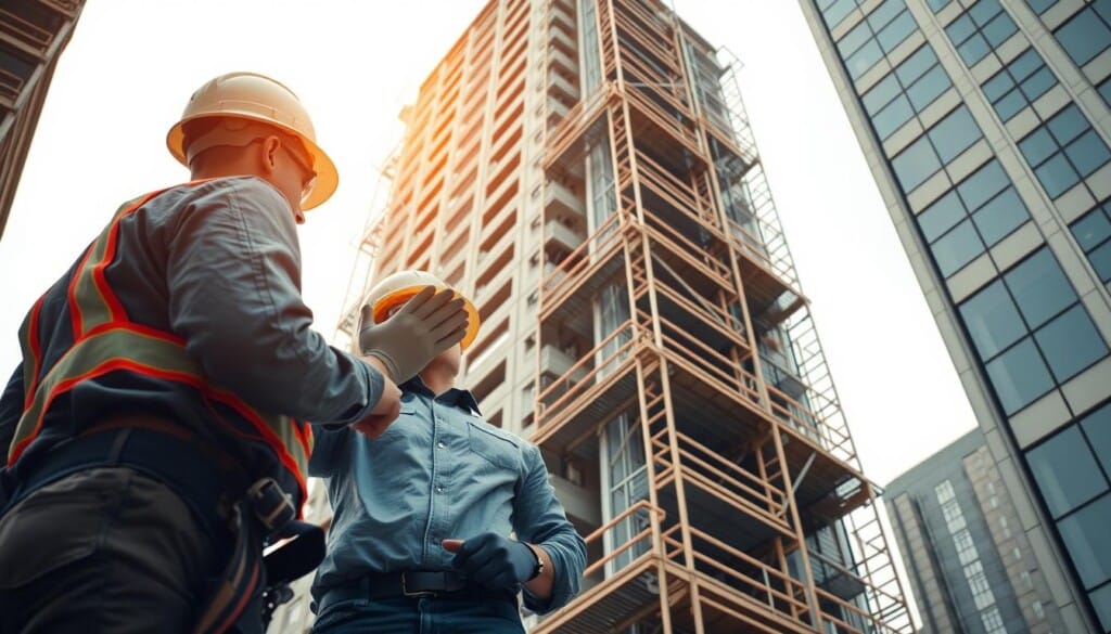 structural inspection services, professional construction workers examining the exterior of a high-rise building, mid-shot angle, natural daylight, warm tones, detailed architectural features, scaffolding and safety equipment visible, focus on the process of thorough building maintenance, conveying a sense of expertise and diligence, clean, uncluttered composition, no distractions, emphasizing the importance of regular structural inspections for preserving the integrity and longevity of commercial properties